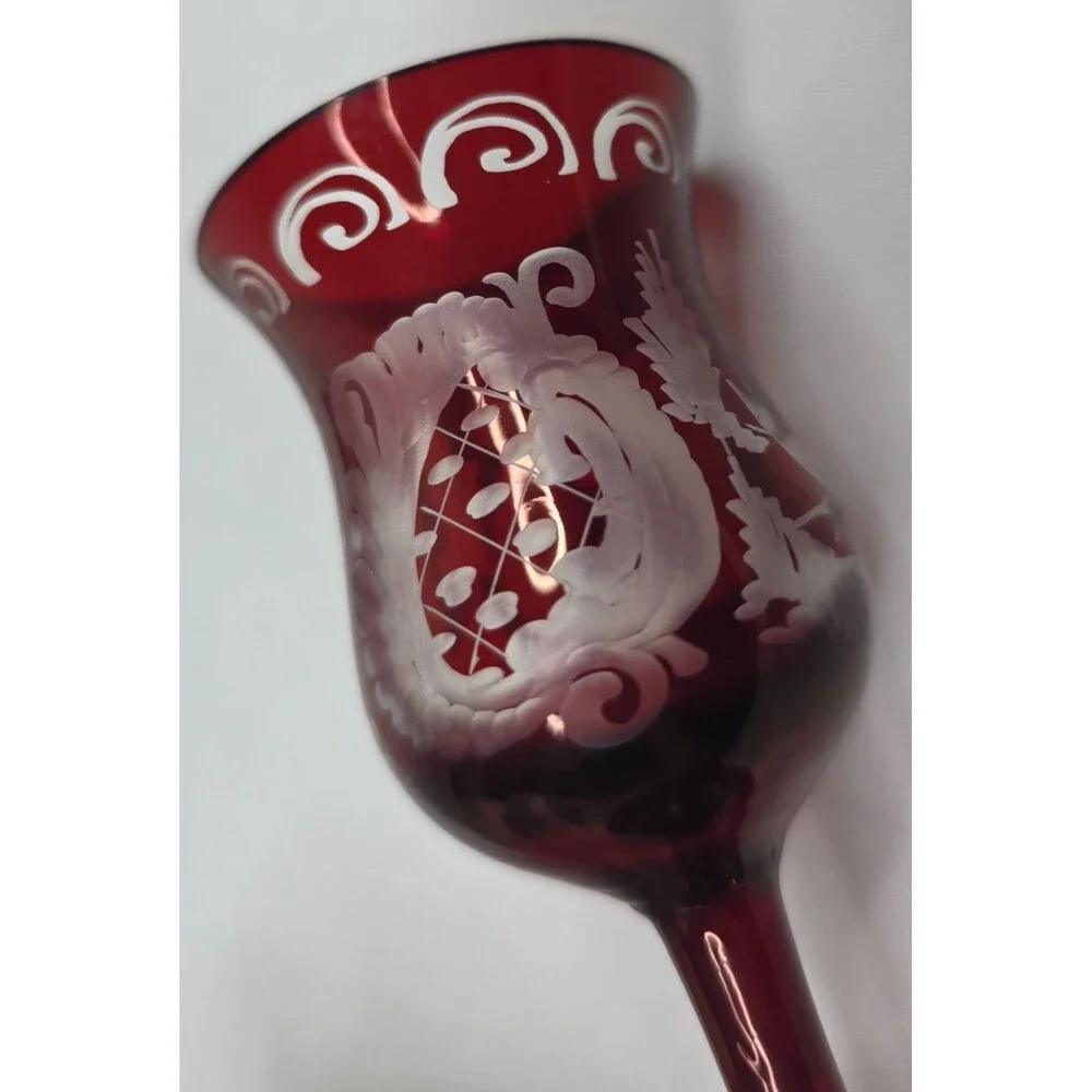 Vintage Egermann Bohemian Ruby Red Etched Cordial Glasses | Set of 5 | Cut Clear